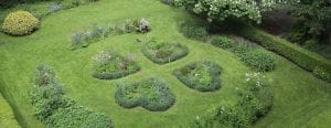 Four shrubs in the shape of hearts adorn a green lawn at the Good Shepherd Center.