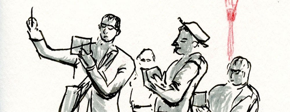 A sketch of urban sketchers, four people drawn in gray scale. They're carrying sketch pads and sketching what's around them.
