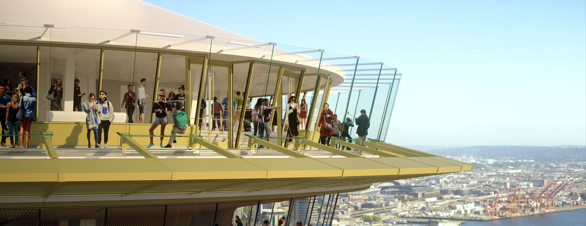 A rendering of the Space Needle's renovated observation deck, showing visitors gazing out toward Seattle from the new glass overlook.