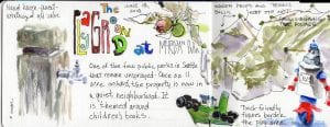 Michele Cooper's sketch of the Meridian Playground, including apple trees that have been netted to prevent pests. She's also drawn a close-up of the apples themselves. Other sketches include a boat and robot that are part of the play area, and a winterized water faucet. Mich