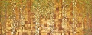 A close-up of a fireplace mosaic in gold and bronze colors. The green leaves of a plant, which is also part of the mosaic, drape down from the top of the image.